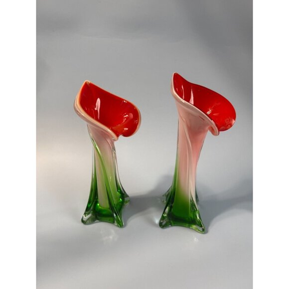 Pair Of Vintage Murano Jack In The Pulpit Calla Lily Vases Italy 8" & 9" - Picture 5 of 9